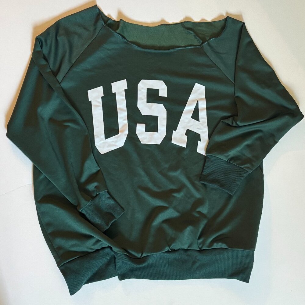 NWOT - Green USA Graphic Sweatshirt | Cut Neck Raw Edge | Cozy Oversized Fit